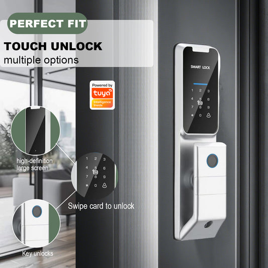 Matalinong elektronikong kahoy na door lock na may pagkilala sa mukha, fingerprint, graffiti, at password lock.