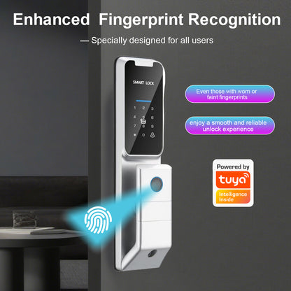 Matalinong elektronikong kahoy na door lock na may pagkilala sa mukha, fingerprint, graffiti, at password lock.